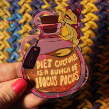 Load image into Gallery viewer, Diet Culture Is a Bunch of Hocus Pocus  | Magical Halloween Frog | Clear Vinyl Sticker (Glossy)