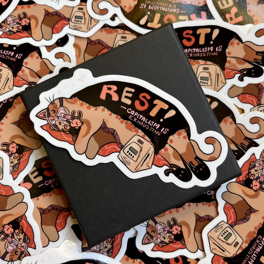 Rest! Capitalism is Exhausting - CPAP Cat Sticker (Glossy)