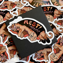 Load image into Gallery viewer, Rest! Capitalism is Exhausting | CPAP Sleeping Cat | Vinyl Sticker (Glossy)